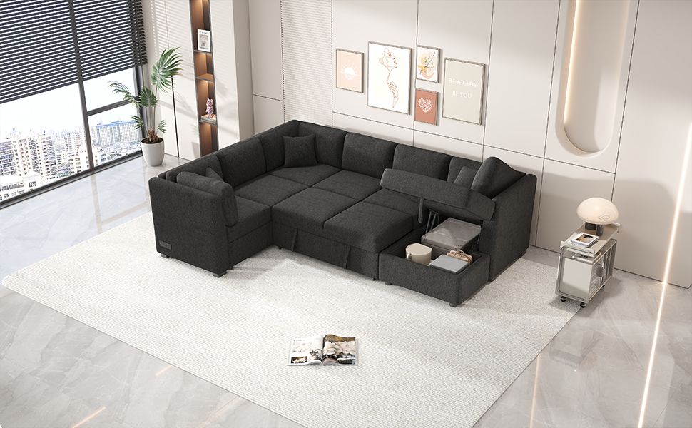 108.6" U-shaped Sectional Sofa Pull out Sofa Bed with Two USB Ports, Two Power Sockets, Three Back Pillows and a Storage image 7