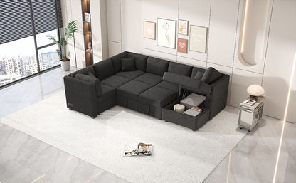 108.6" U-shaped Sectional Sofa Pull out Sofa Bed with Two USB Ports, Two Power Sockets, Three Back Pillows and a Storage image 7