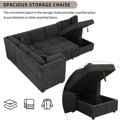 108.6" U-shaped Sectional Sofa Pull out Sofa Bed with Two USB Ports, Two Power Sockets, Three Back Pillows and a Storage image 13