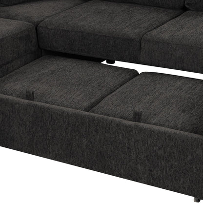 108.6" U-shaped Sectional Sofa Pull out Sofa Bed with Two USB Ports, Two Power Sockets, Three Back Pillows and a Storage image 3