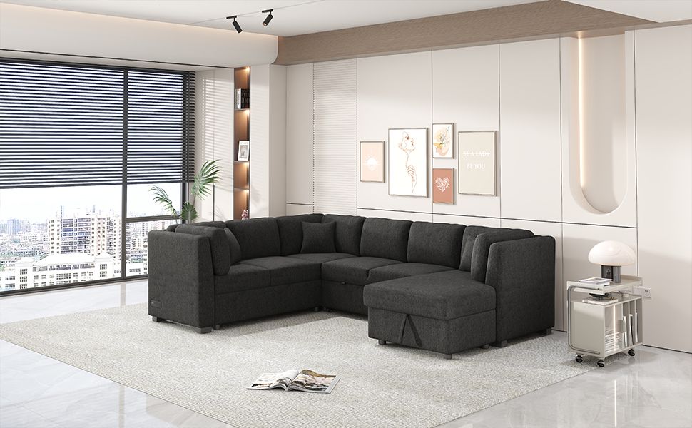 108.6" U-shaped Sectional Sofa Pull out Sofa Bed with Two USB Ports, Two Power Sockets, Three Back Pillows and a Storage image 6