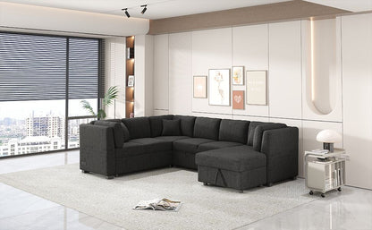 108.6" U-shaped Sectional Sofa Pull out Sofa Bed with Two USB Ports, Two Power Sockets, Three Back Pillows and a Storage image 6