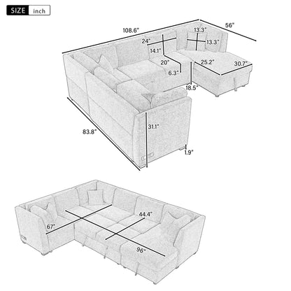 108.6" U-shaped Sectional Sofa Pull out Sofa Bed with Two USB Ports, Two Power Sockets, Three Back Pillows and a Storage image 11