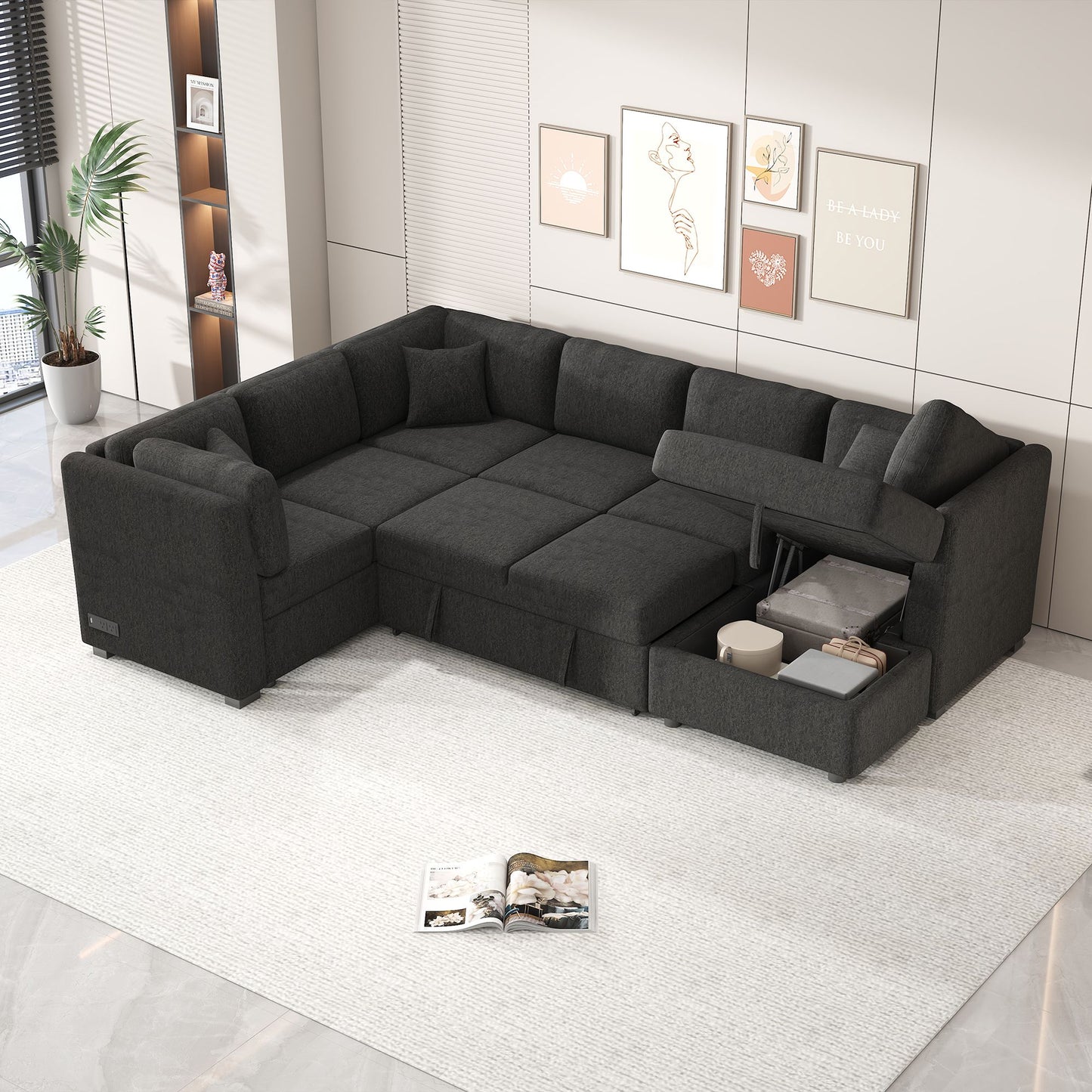 108.6" U-shaped Sectional Sofa Pull out Sofa Bed with Two USB Ports, Two Power Sockets, Three Back Pillows and a Storage image 10