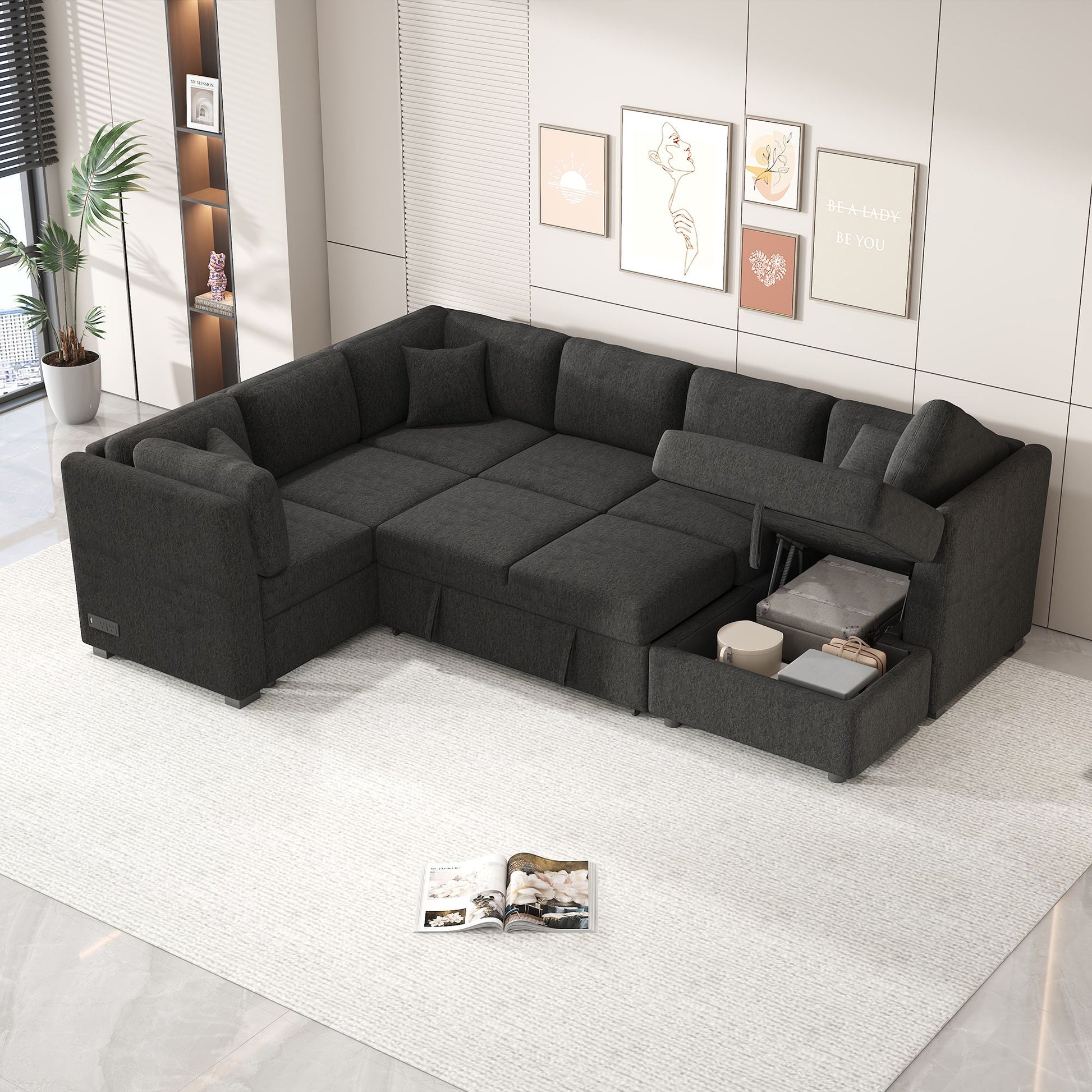 108.6" U-shaped Sectional Sofa Pull out Sofa Bed with Two USB Ports, Two Power Sockets, Three Back Pillows and a Storage image 10