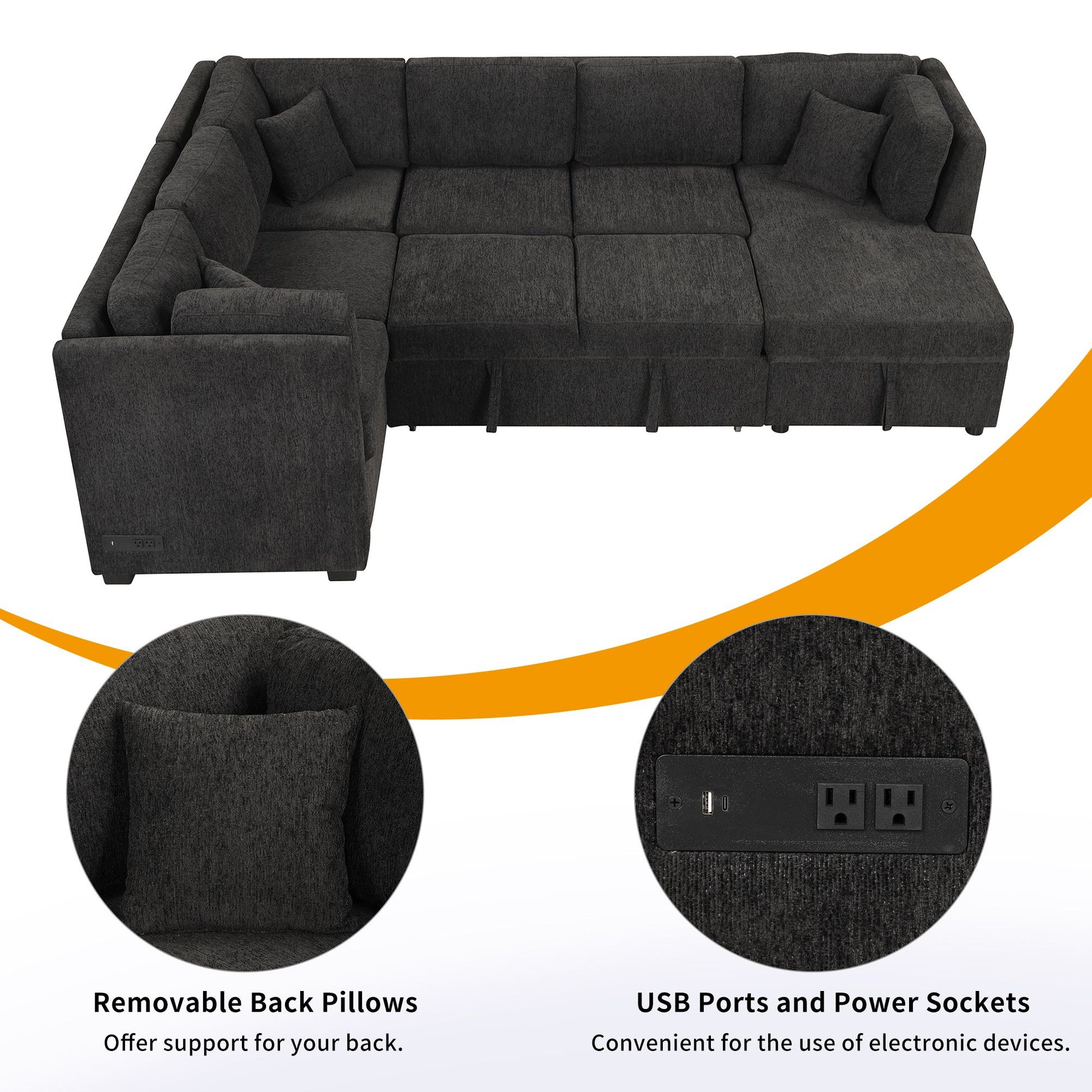 108.6" U-shaped Sectional Sofa Pull out Sofa Bed with Two USB Ports, Two Power Sockets, Three Back Pillows and a Storage image 14