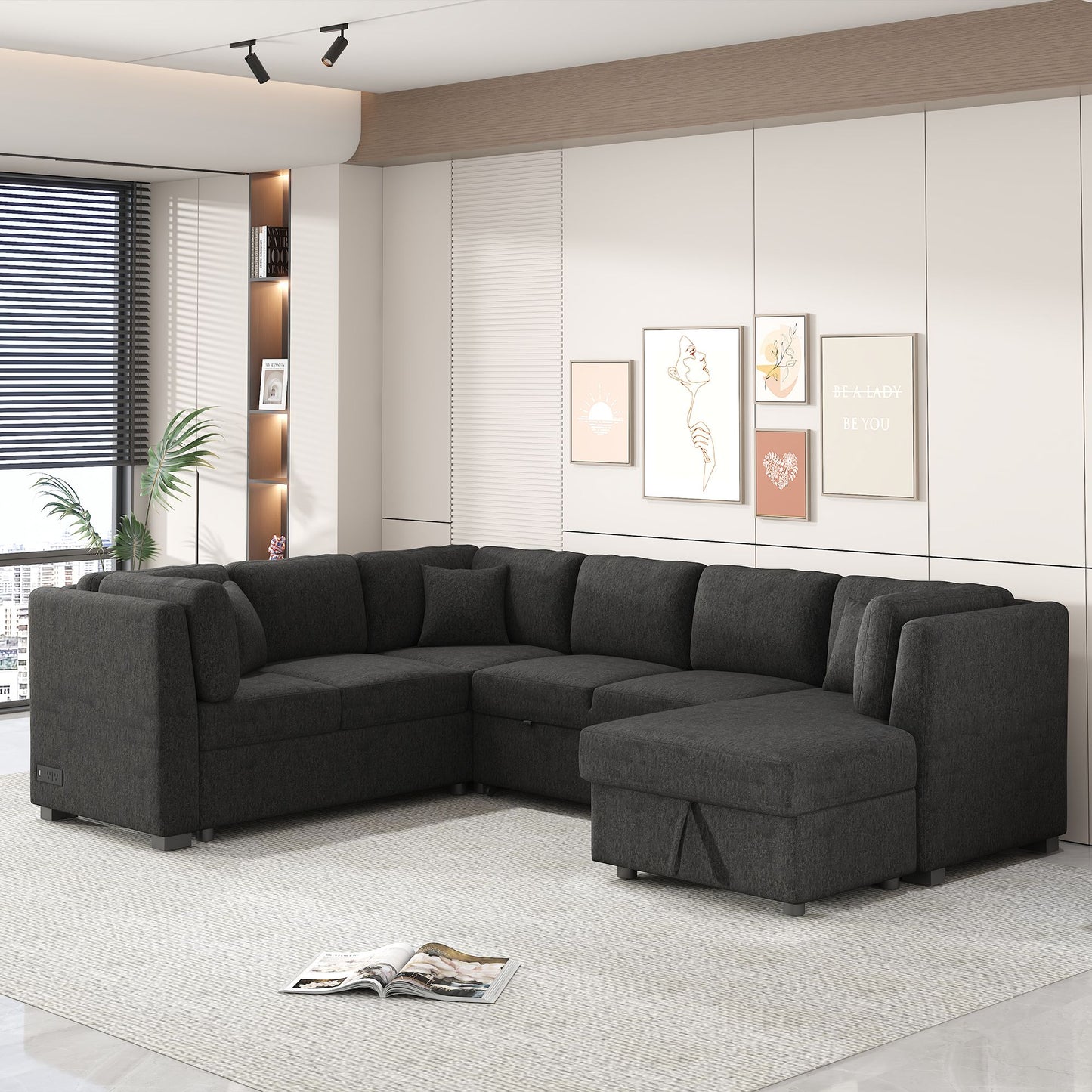108.6" U-shaped Sectional Sofa Pull out Sofa Bed with Two USB Ports, Two Power Sockets, Three Back Pillows and a Storage image 16