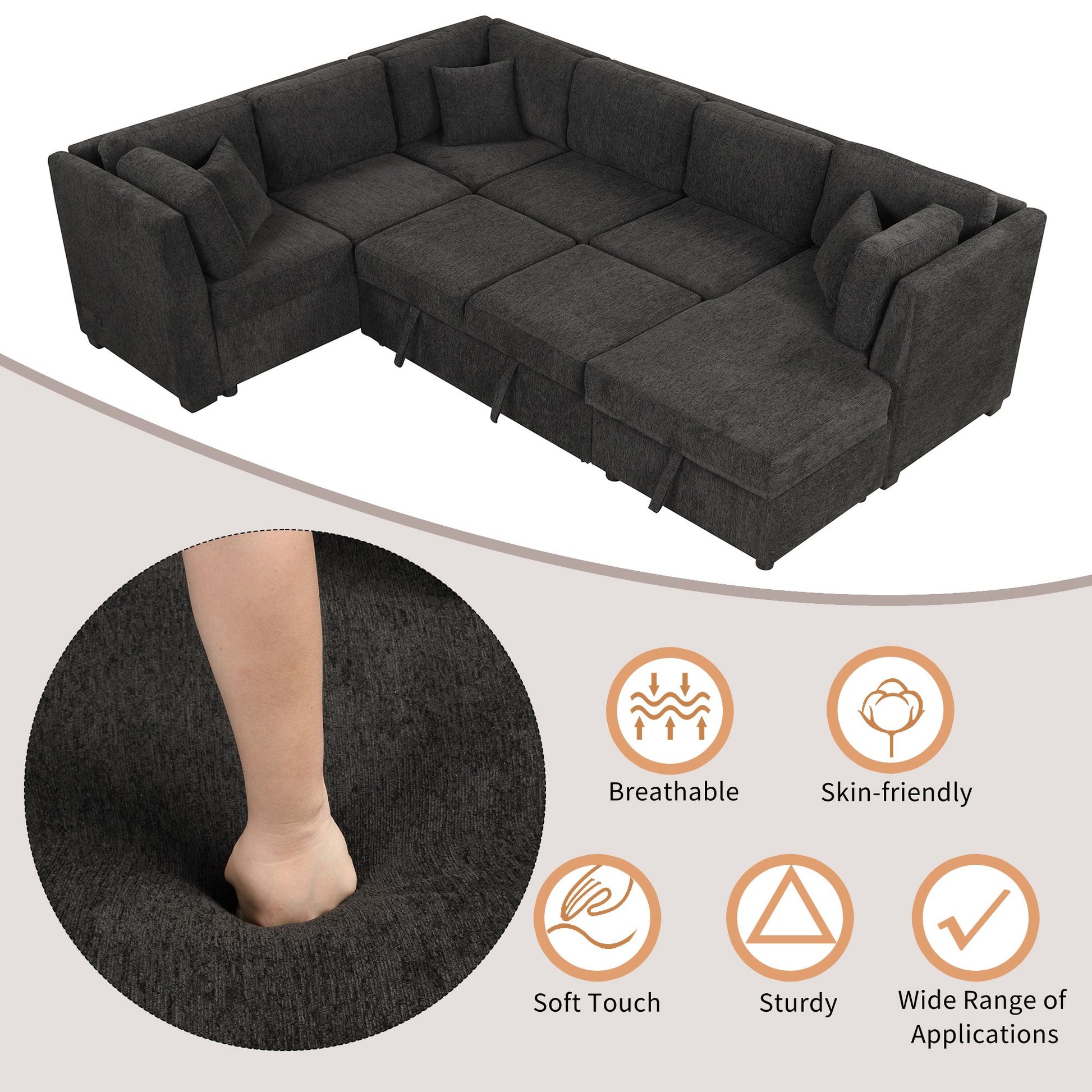 108.6" U-shaped Sectional Sofa Pull out Sofa Bed with Two USB Ports, Two Power Sockets, Three Back Pillows and a Storage image 15