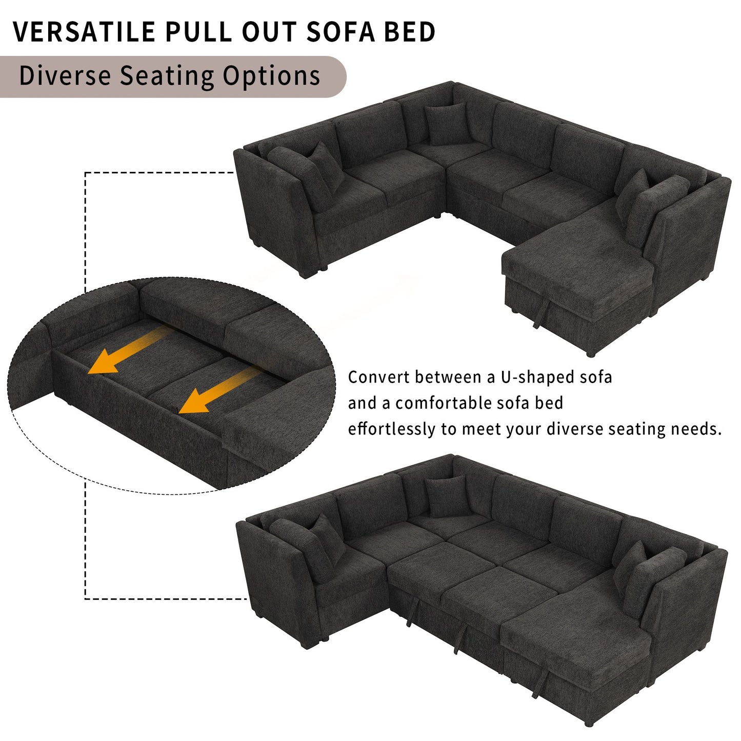 108.6" U-shaped Sectional Sofa Pull out Sofa Bed with Two USB Ports, Two Power Sockets, Three Back Pillows and a Storage image 12
