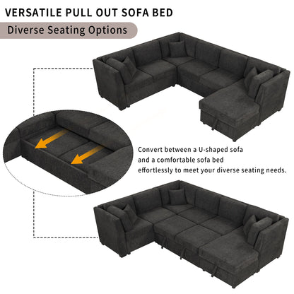 108.6" U-shaped Sectional Sofa Pull out Sofa Bed with Two USB Ports, Two Power Sockets, Three Back Pillows and a Storage image 12