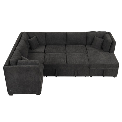 108.6" U-shaped Sectional Sofa Pull out Sofa Bed with Two USB Ports, Two Power Sockets, Three Back Pillows and a Storage image 19