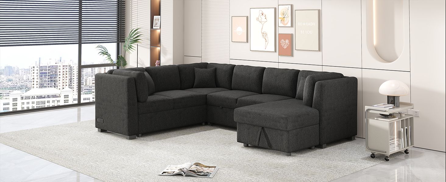 108.6" U-shaped Sectional Sofa Pull out Sofa Bed with Two USB Ports, Two Power Sockets, Three Back Pillows and a Storage image 9