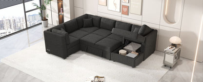 108.6" U-shaped Sectional Sofa Pull out Sofa Bed with Two USB Ports, Two Power Sockets, Three Back Pillows and a Storage image 8