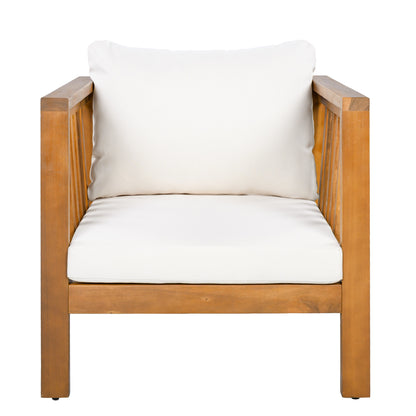 Outdoor Acacia Wood Club Chair with Modern Square Arms, Patio Chair with Thick Cushion, Adjustable Leveling Feet for Poolside, Backyard & Deck, Beige Cushion image 10