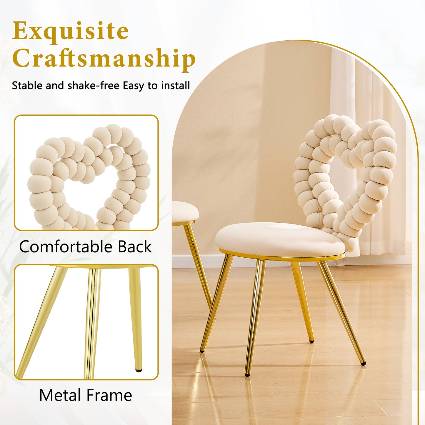 Set of 2 Unique Heart Bubble Tufted Accent Chair, Plush Velvet Chair with Shiny Gold Metal Frame, Cute & Modern Seating for Home Decor image 7