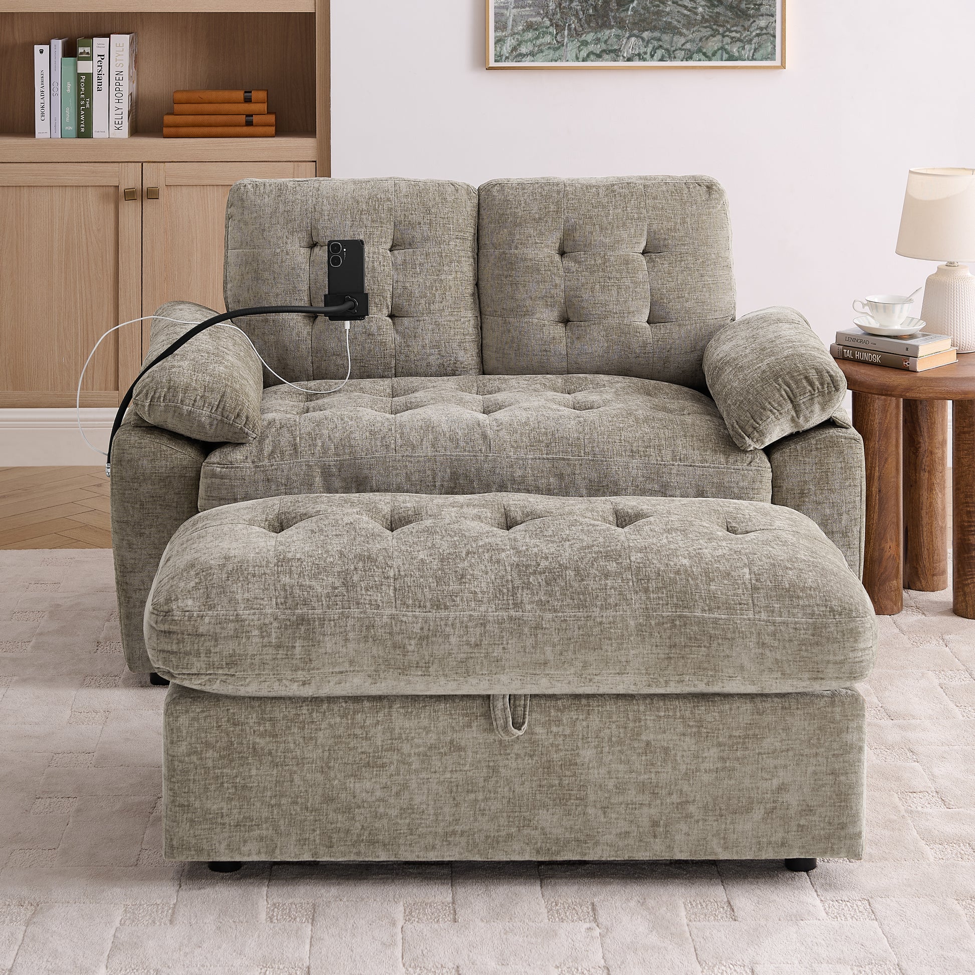 Leisure sofa chair,Double sofa recliner, with manually adjustable backrest, soft padded armrests, side USB charging port and phone stand, comes with a matching storage ottoman-Brown image 4