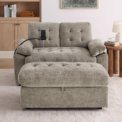 Leisure sofa chair,Double sofa recliner, with manually adjustable backrest, soft padded armrests, side USB charging port and phone stand, comes with a matching storage ottoman-Brown image 4