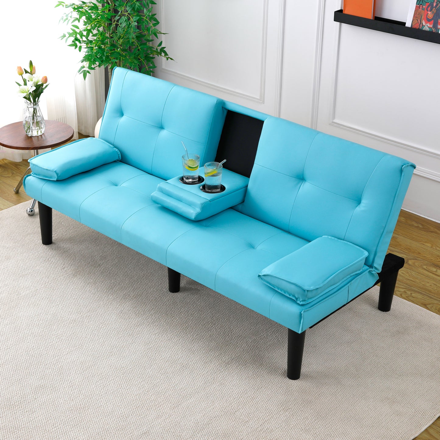 The 67-inch blue PVC multi-functional sofa bed, with a foldable and cup holder design, makes it extremely convenient to turn the living room into a guest room image 2