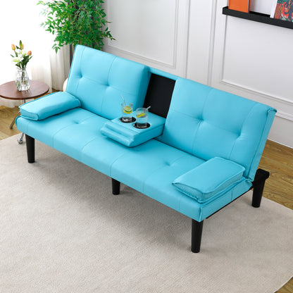 The 67-inch blue PVC multi-functional sofa bed, with a foldable and cup holder design, makes it extremely convenient to turn the living room into a guest room image 2