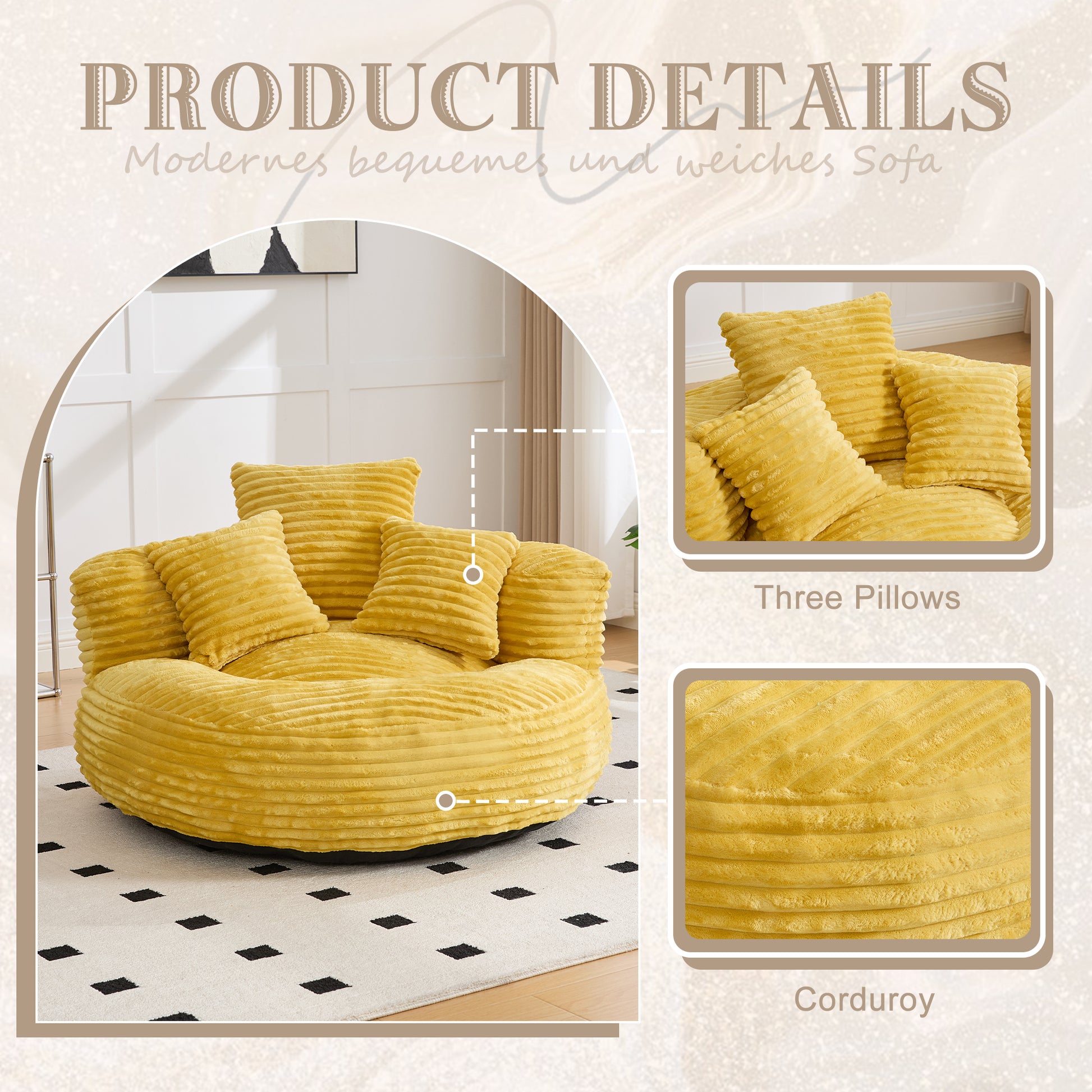 Single Bean Bag Chairs, Bean Bag Sofa for Adults, Kids,Corduroy Bean Bag Chair with 3 Pillows & Armrest,Beanbag Chair & Lazy Sofa with Foam Filler for Bedroom Living Room Dorm image 4