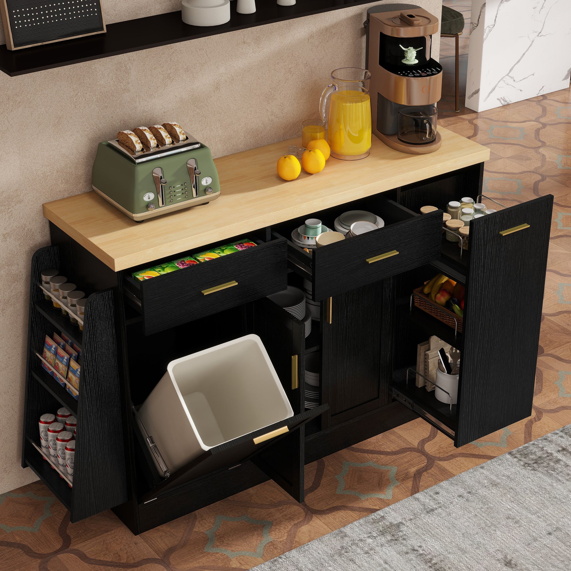 TREXM Multi-Functional Storage Sideboard, Trash Can Storage, Sliding Door Cabinet & 3-Tier Spice Rack,Kitchen Island Table for Kitchen, Dining Room (Black) image 1