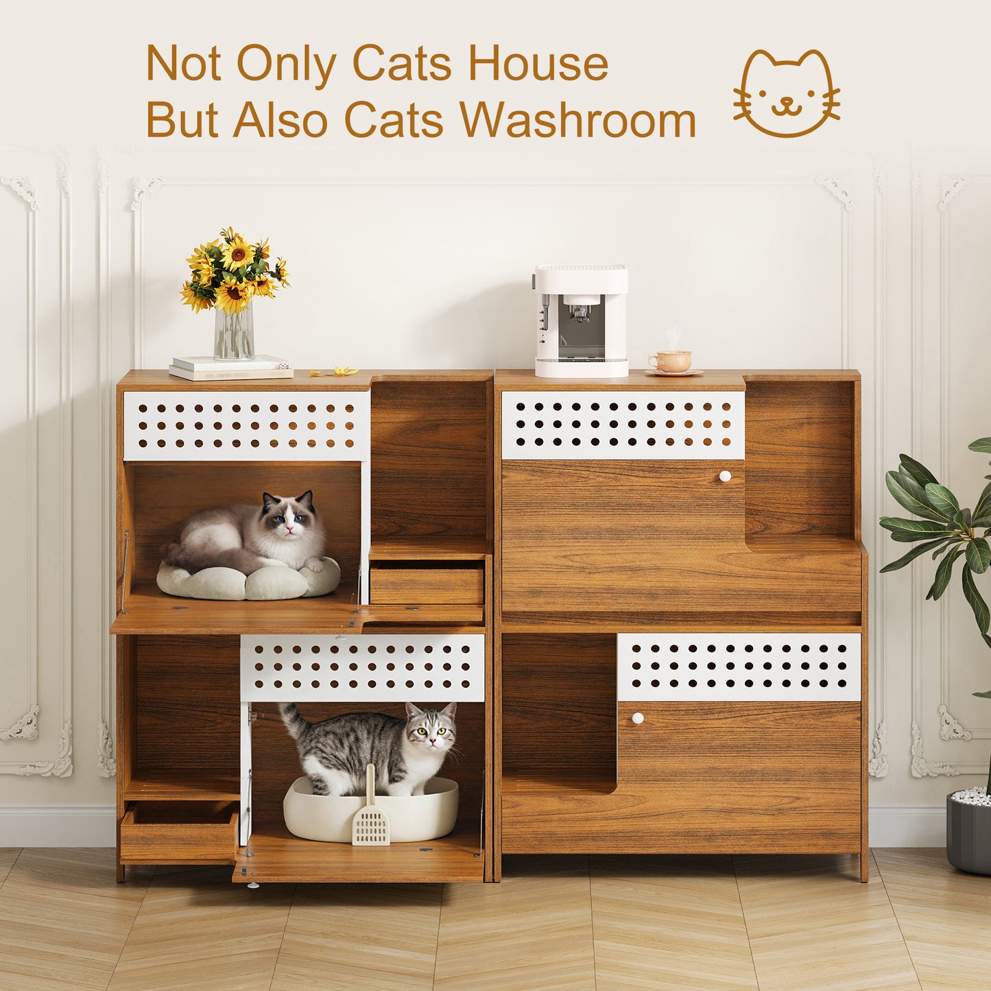 2-Piece of Modern 2 IN 1 Cat Furniture Set, Cat Litter Box Enclosure Side Table, Cat House with Storage, for 2 Small-Medium Sized Cats - BROWN image 12