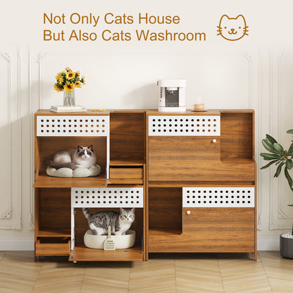 2-Piece of Modern 2 IN 1 Cat Furniture Set, Cat Litter Box Enclosure Side Table, Cat House with Storage, for 2 Small-Medium Sized Cats - BROWN image 12