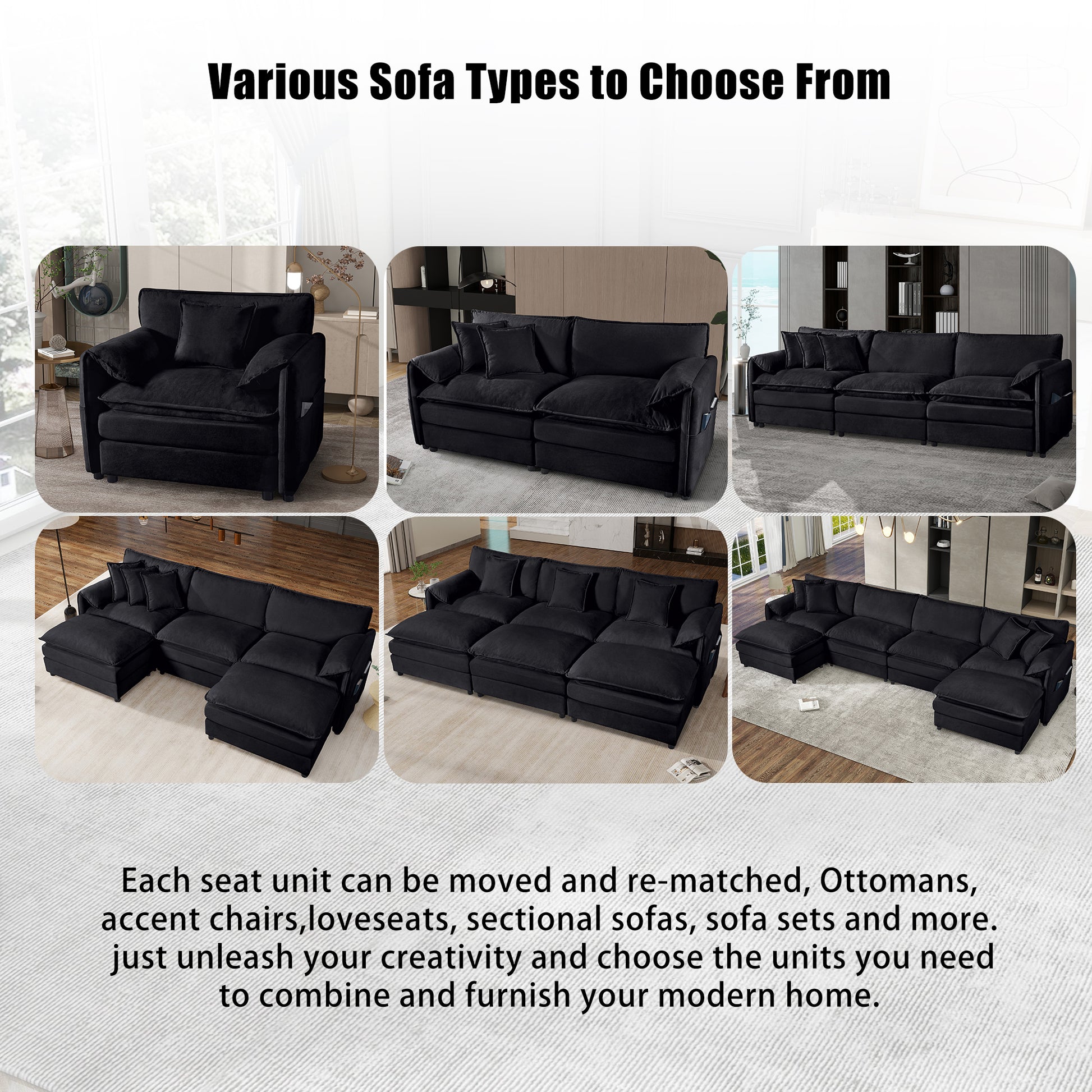 (Old:W3163S00006) Oversized Chenille Loveseat Sofa, Oversized 2-Seater Small Cloud Couch, Modern Comfy Deep Seat Love Seat for Living Room Bedroom Office Apartment,DIY Combination,Chenille,Black image 8