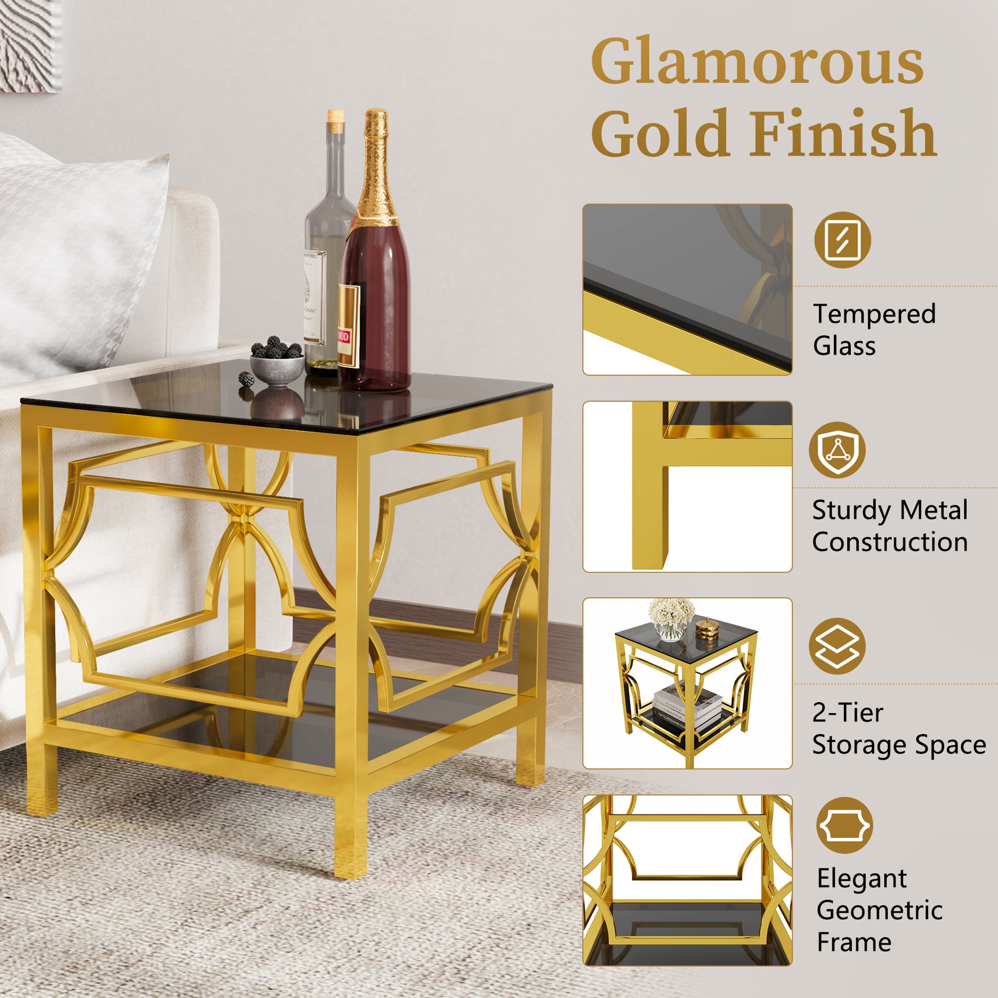 19.7" Modern Gold Square Side Table with Tempered Glass Top & Storage Shelf, Luxury Glam End Table with Metal Frame for Living Room, Bedroom, Sofa Side, Small Space Accent Table image 6