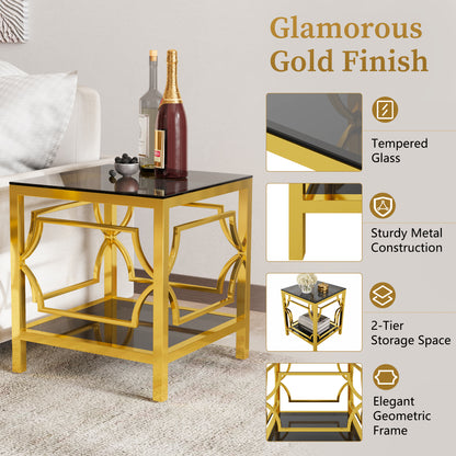 19.7" Modern Gold Square Side Table with Tempered Glass Top & Storage Shelf, Luxury Glam End Table with Metal Frame for Living Room, Bedroom, Sofa Side, Small Space Accent Table image 6