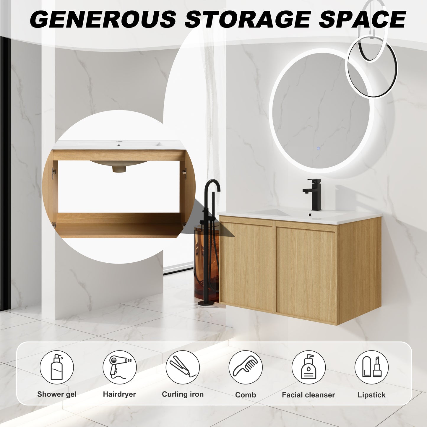 30" Floating Bathroom Vanity with Sink, Wall-Mounted Modern Light Oak Cabinet, Thin Edge Ceramic Basin, Soft-Close Doors, Spacious Storage, Easy Installation image 8