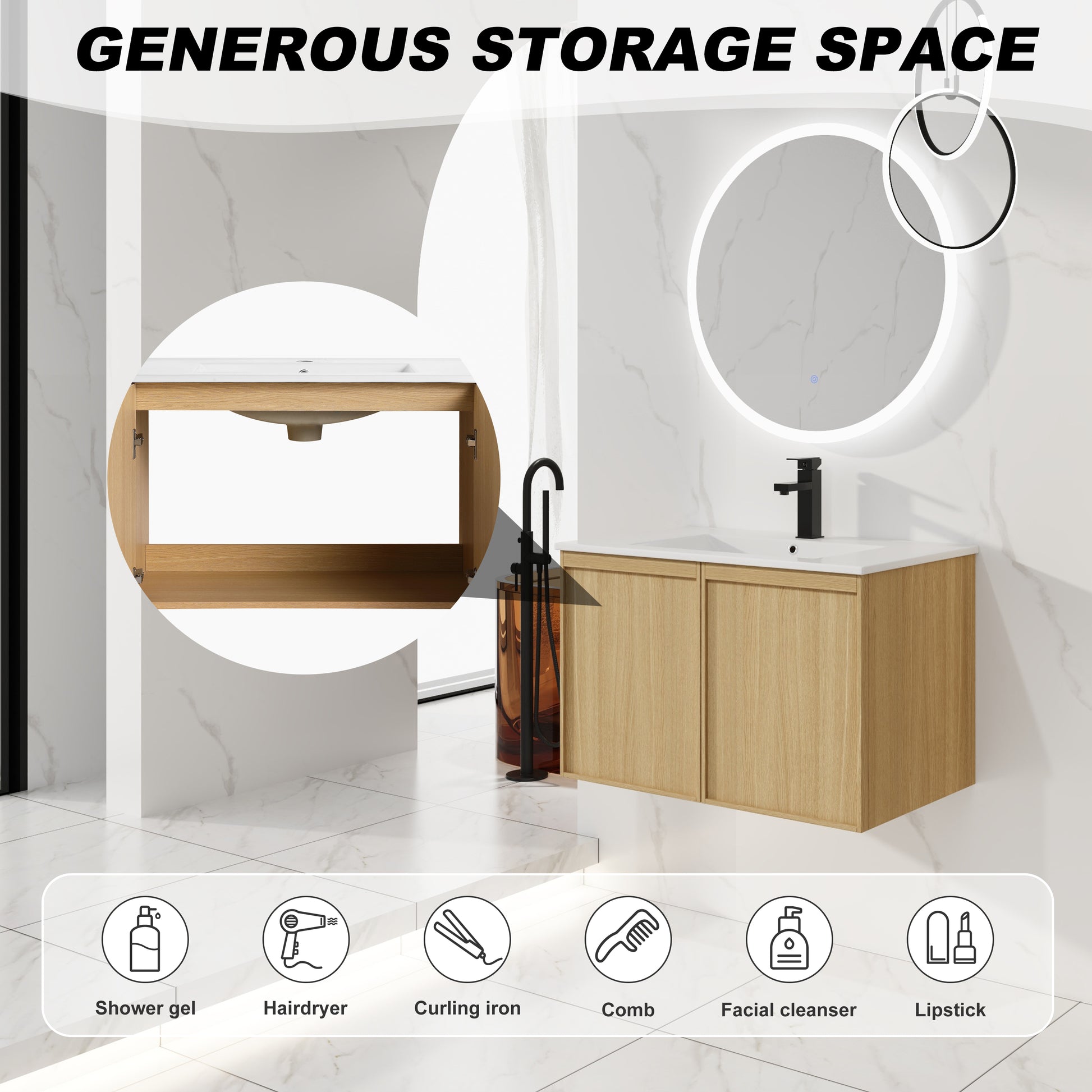 30" Floating Bathroom Vanity with Sink, Wall-Mounted Modern Light Oak Cabinet, Thin Edge Ceramic Basin, Soft-Close Doors, Spacious Storage, Easy Installation image 8