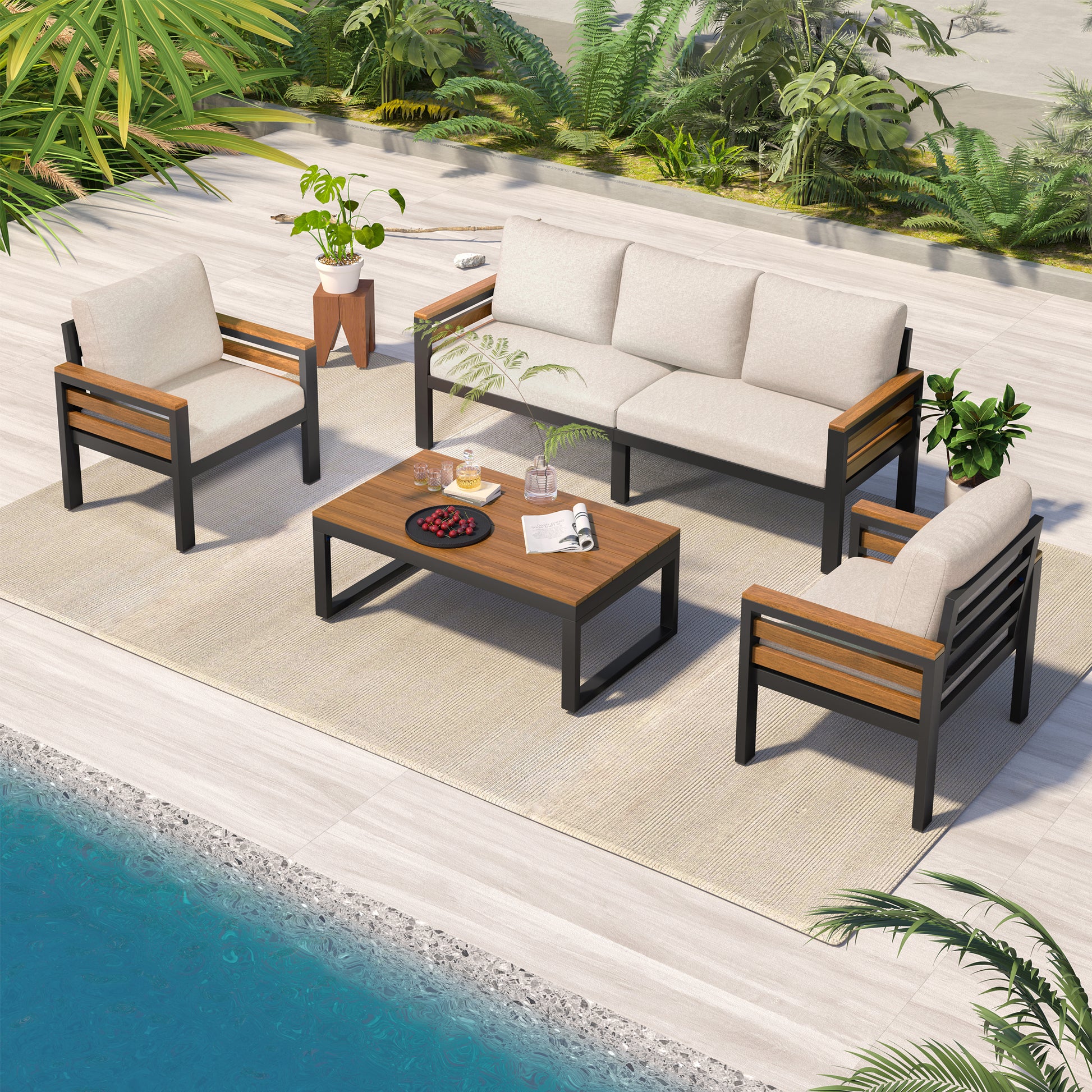 <Old SKU: N704G201246A> GO 4-Piece Outdoor Furniture Sofa Set for 5 People with Acacia Wood Armrests, Patio Conversation Set with Removable Cushion and Solid Wood Coffee Table for Garden,Beige image 1
