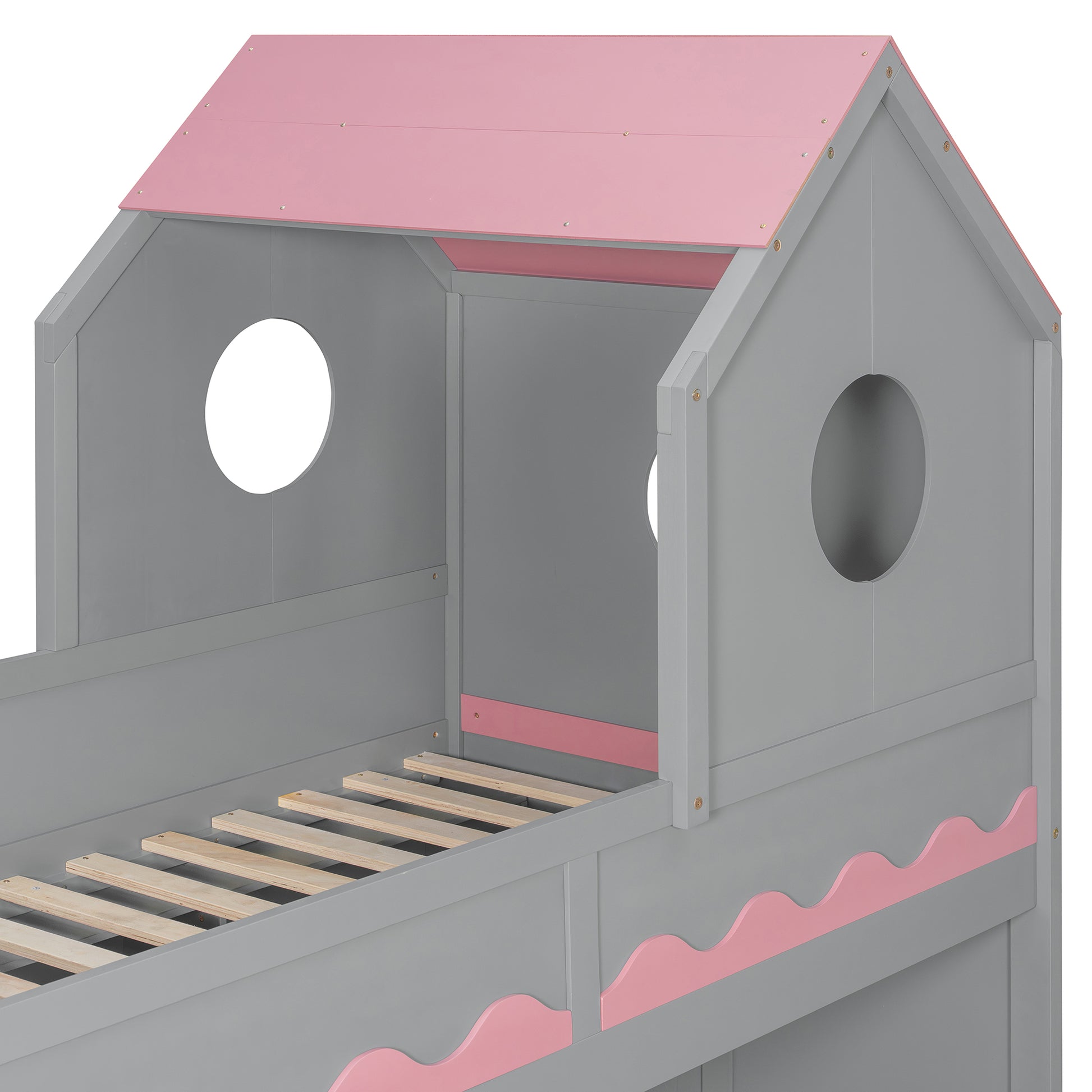 Twin Over Twin Bunk Bed with House-Shaped Roof and Storage Stairs, Wooden House Bed Frame with 2 Under-bed Drawers,Shelves,LED,Gray image 11