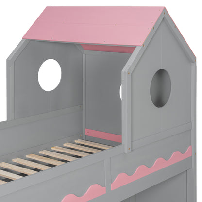 Twin Over Twin Bunk Bed with House-Shaped Roof and Storage Stairs, Wooden House Bed Frame with 2 Under-bed Drawers,Shelves,LED,Gray image 11