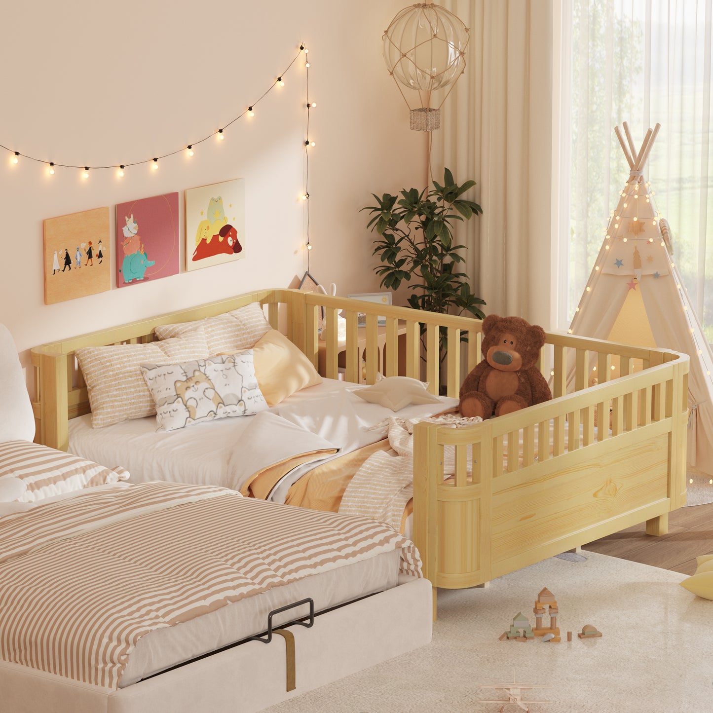 Queen Size Wood Platform Bed, Wood Low Profile Queen Bed with Rails for Girls and Boys,Natural(Expect Arrival Date 2026/3/30) image 3