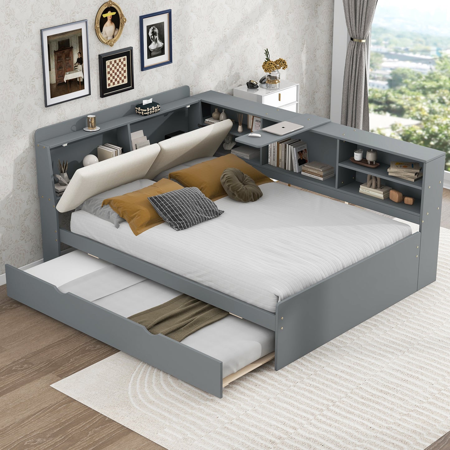 Wood Full Size platform bed with Trundle, Shelves and Storage Headboard, Gray image 1