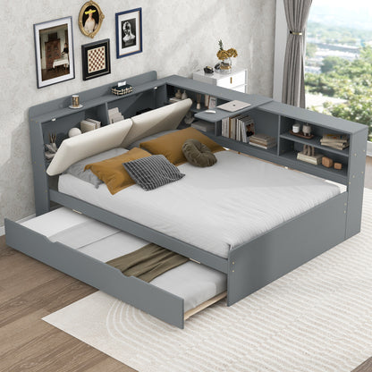 Wood Full Size platform bed with Trundle, Shelves and Storage Headboard, Gray image 1