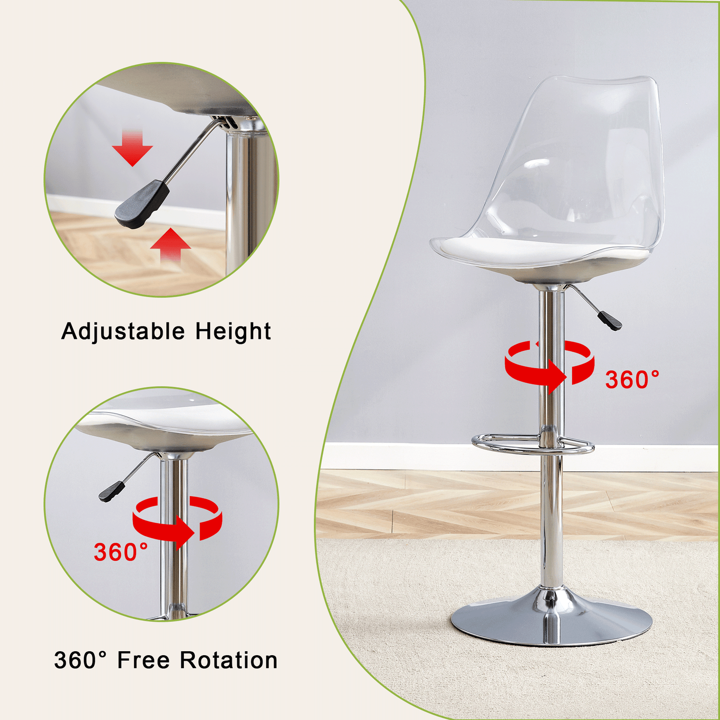 Modern minimalist bar chairs and bar stools. Can rotate 360 ° and adjust lifting. PET backrest and White PU seats. Suitable for bars, restaurants, and front desk cashiers.Set of 2. image 5