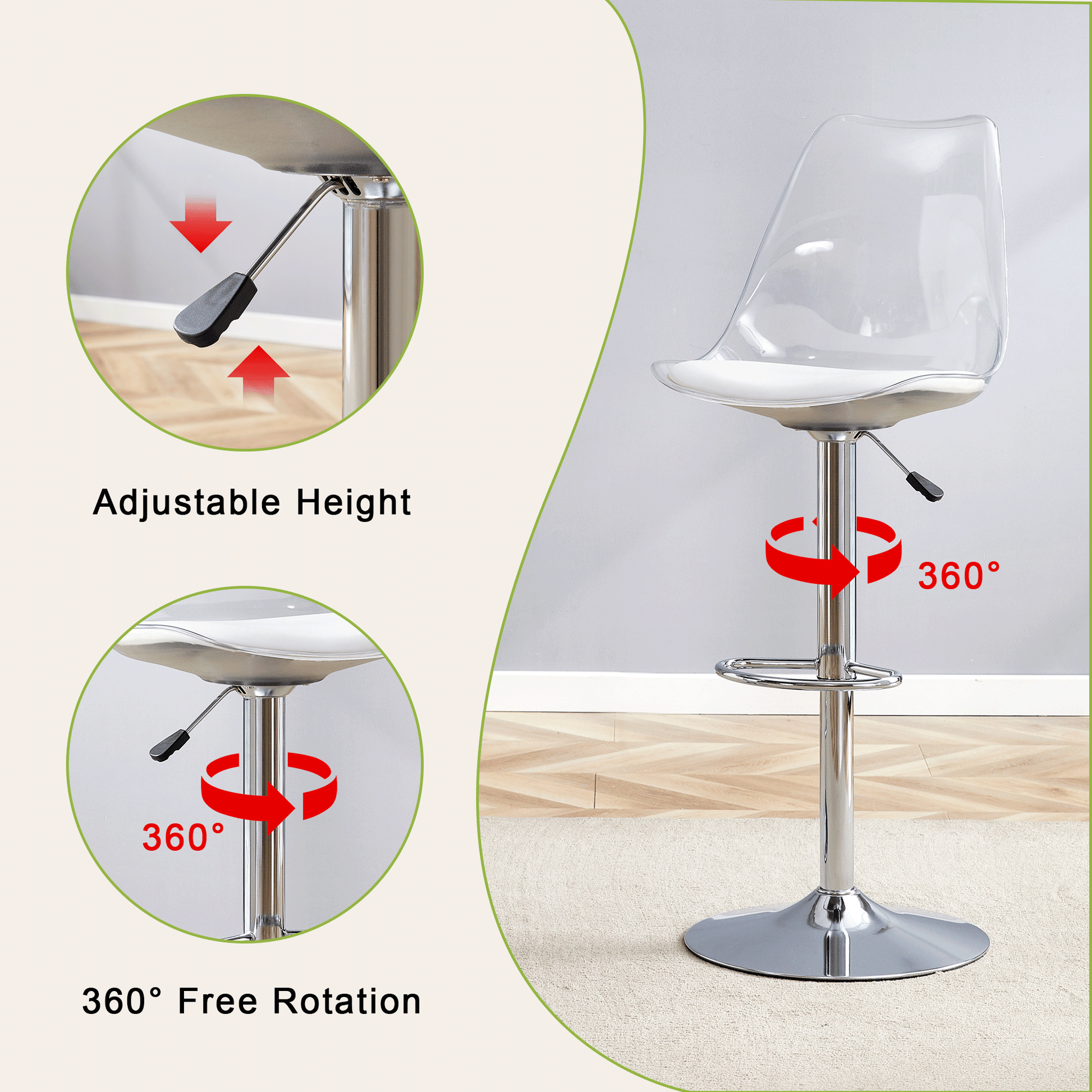 Modern minimalist bar chairs and bar stools. Can rotate 360 ° and adjust lifting. PET backrest and White PU seats. Suitable for bars, restaurants, and front desk cashiers.Set of 2. image 5