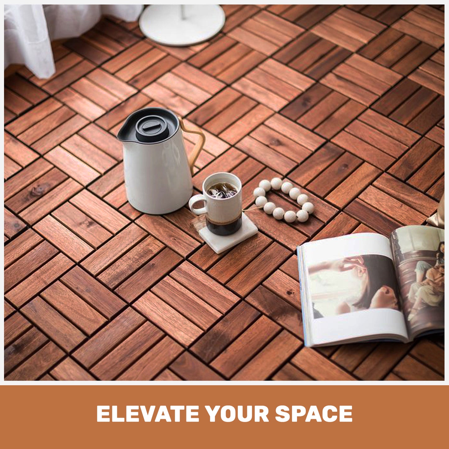 Acacia Wood Interlocking Deck Tiles Checker Pattern, 10PCS 12" x 12" Square Brown Acacia Hardwood Outdoor Flooring for Patio, Bancony, Pool Side,.. image 6