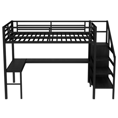 Full Size Loft Bed with L-shaped Desk and USB, Metal Loft Bed with Wardrobe and Adjustable Shelf, High Loft Bed with LED for Kids Teens Adults, Black image 12