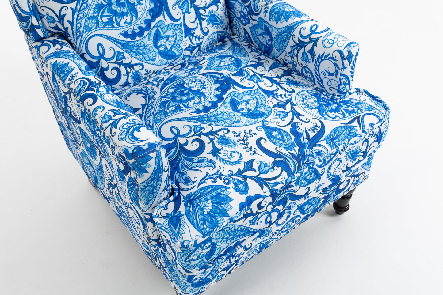 Upholstered Accent Chair, Vintage Armchair with Blue and white porcelain print Linen Fabric and Nailhead Trim for Living Room image 5