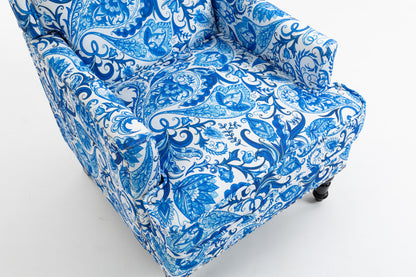 Upholstered Accent Chair, Vintage Armchair with Blue and white porcelain print Linen Fabric and Nailhead Trim for Living Room image 5