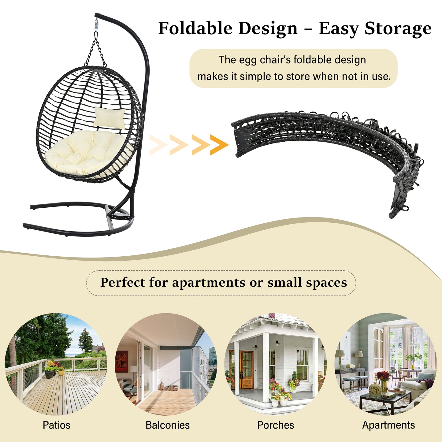 U_Style Single Person Folding Egg Chair with Stand, Hanging Egg Chair Indoor Outdoor, Wicker Hammock Swing Chair with Adjustable Anti-Slip Feet,Suitable for Balcony, Bedroom,Garden image 6