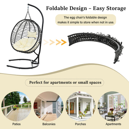 U_Style Single Person Folding Egg Chair with Stand, Hanging Egg Chair Indoor Outdoor, Wicker Hammock Swing Chair with Adjustable Anti-Slip Feet,Suitable for Balcony, Bedroom,Garden image 6