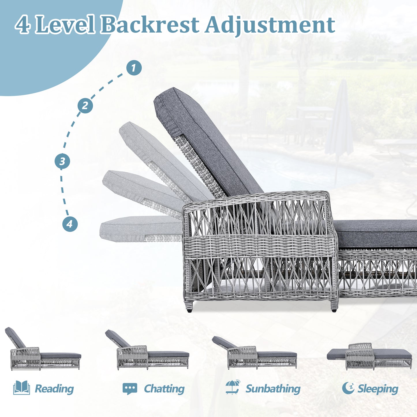 GO Outdoor Long Reclining Chaise, Wicker Lounge with Armrests, Patio Adjustable Recliner with Soft Removable Cushions, All Weather Rattan Pool Lounge for Poolside & Garden, Gray image 4