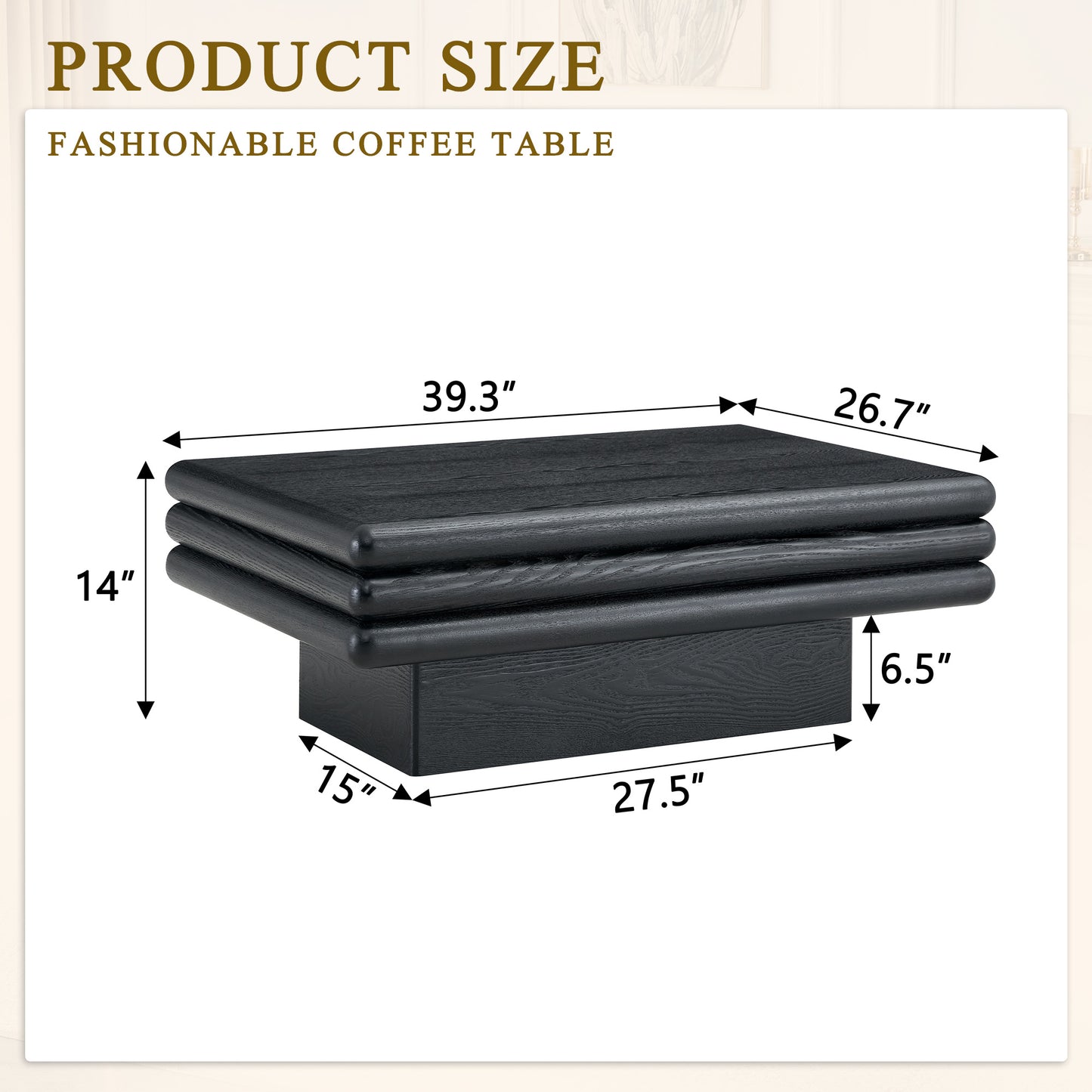 Modern 3-Tier Stacked Rectangular Coffee Table, MDF with Wood Veneer,Black Accent Center Table for Living Room image 5
