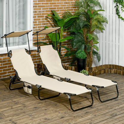 Outsunny Folding Chaise Lounge Pool Chairs, Outdoor Sun Tanning Chairs with Canopy Shade, Reclining Back, Steel Frame and Side Pocket for Beach, Yard, Patio, Tan image 2