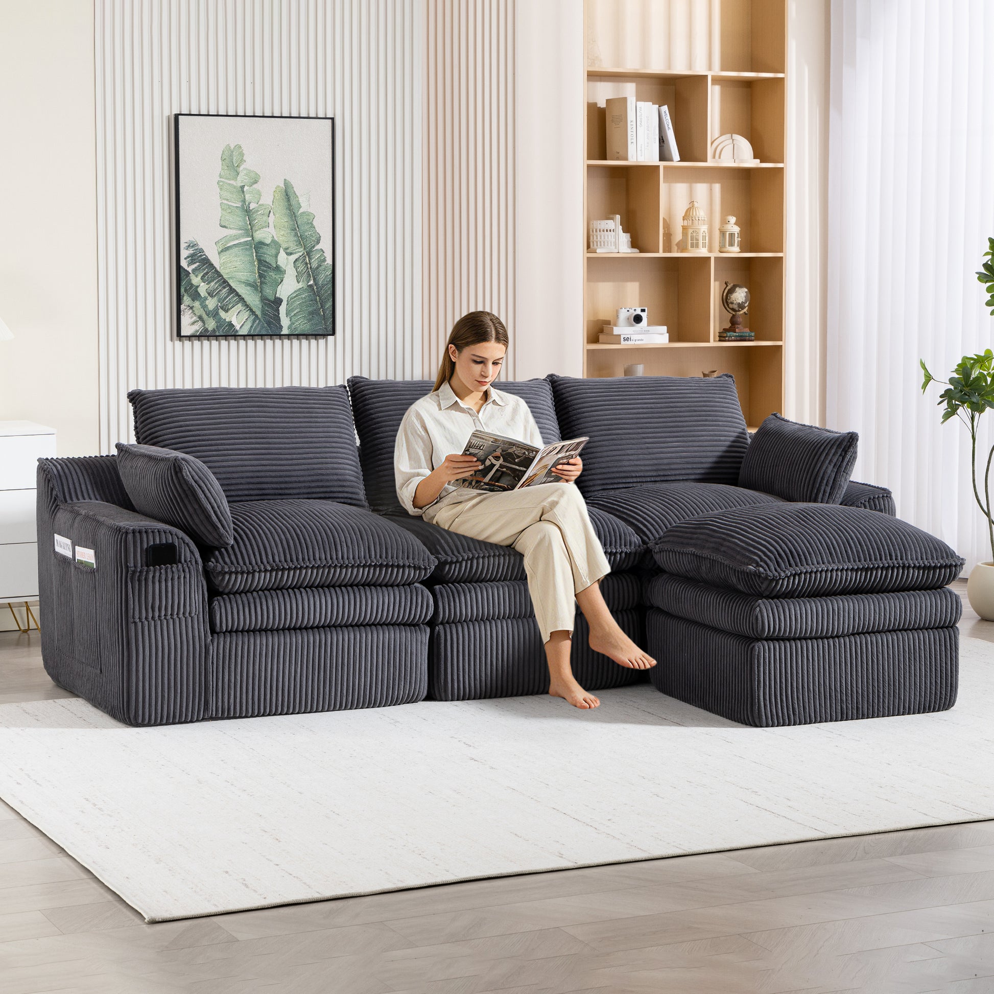 L Shaped Compressed Modular Sectional Sofa Modern Corduroy Upholstered Boneless Couches with Movable Footstool,With Three Pillows and Two Lumbar Pillows,Detachable Cloud Seat Cushions image 2